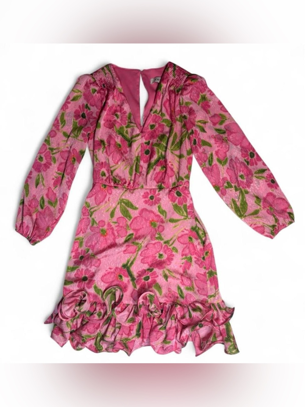 Pink Floral Ruffle V-Neck Mini Dress